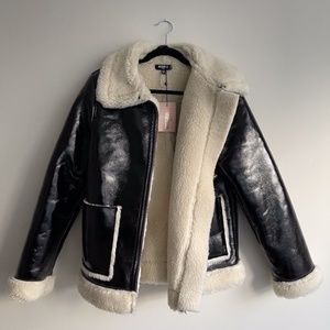 Missguided Black Vinyl Faux Fur Aviator Jacket